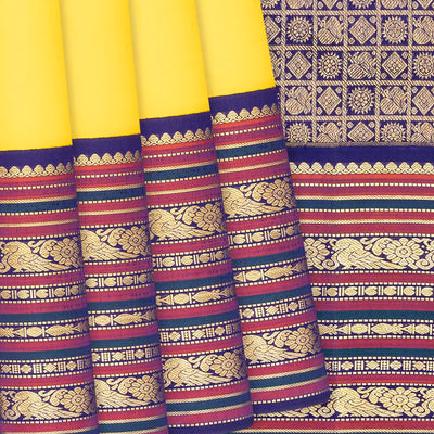 Lemon Yellow Handloom Kanchipuram Korvai Silk Saree With Purple Border-Lime Yellow