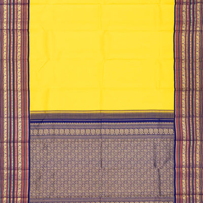 Lemon Yellow Handloom Kanchipuram Korvai Silk Saree With Purple Border-Lime Yellow