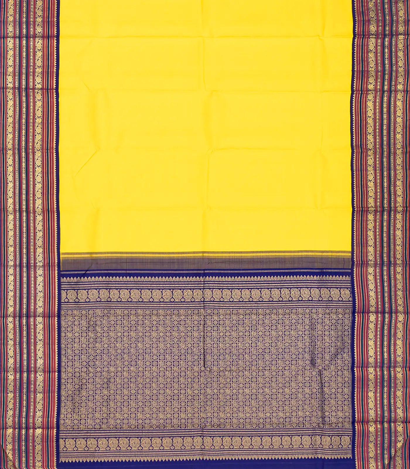 Lemon Yellow Handloom Kanchipuram Korvai Silk Saree With Purple Border-Lime Yellow