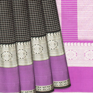 Black Handloom Kanchipuram Silk Saree With Zari Checks-Black