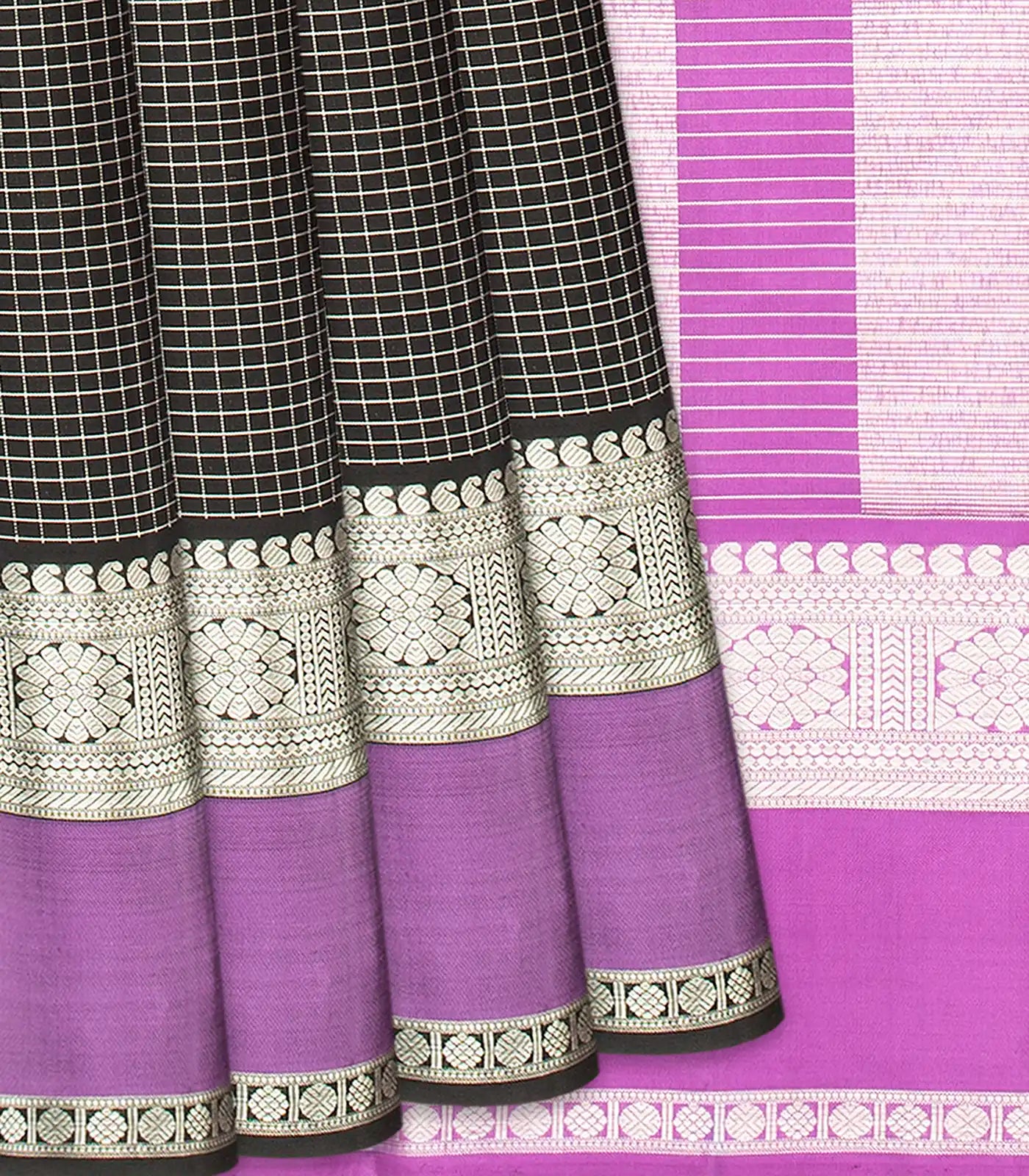 Black Handloom Kanchipuram Silk Saree With Zari Checks-Black