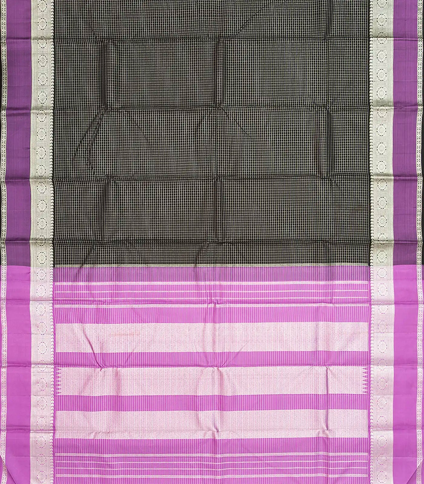 Black Handloom Kanchipuram Silk Saree With Zari Checks-Black