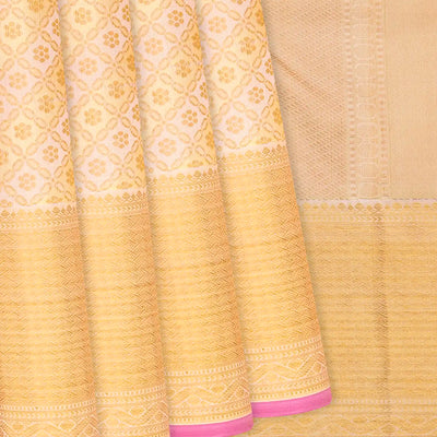 Cream Handloom Kanchipuram Tissue Silk Saree With Floral Jaal Motifs-Cream