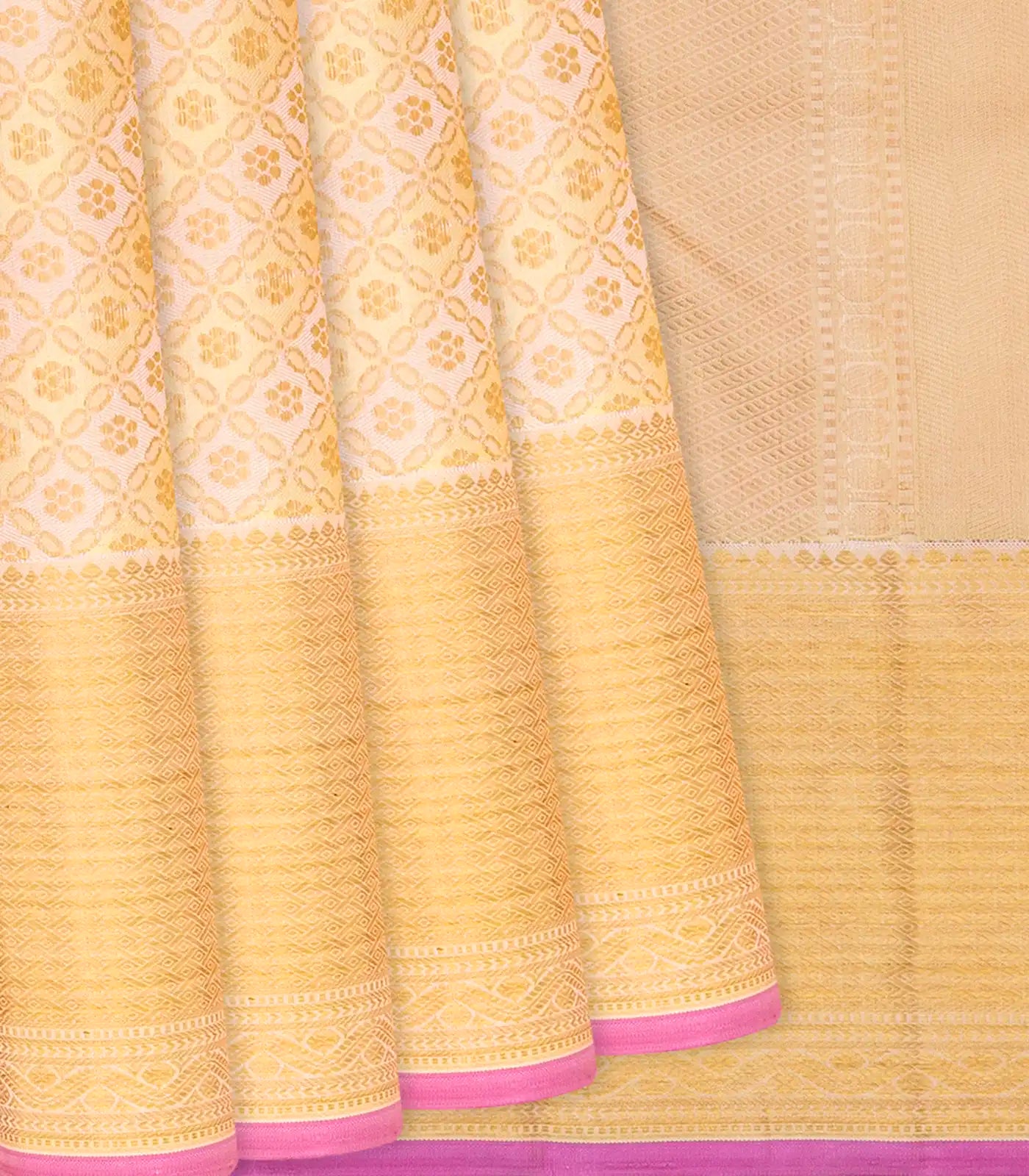 Cream Handloom Kanchipuram Tissue Silk Saree With Floral Jaal Motifs-Cream
