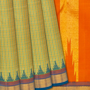 Cardamom Green Handloom Kanchipuram Korvai Silk Saree With Checks -Cardamom Green