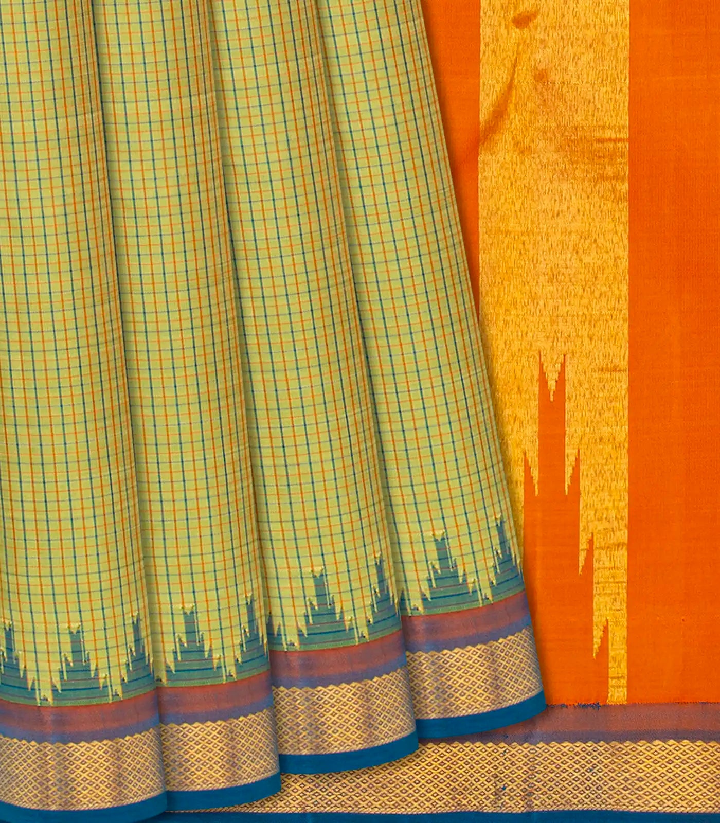Cardamom Green Handloom Kanchipuram Korvai Silk Saree With Checks -Cardamom Green