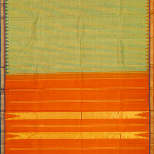 Cardamom Green Handloom Kanchipuram Korvai Silk Saree With Checks -Cardamom Green