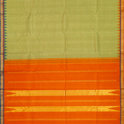 Cardamom Green Handloom Kanchipuram Korvai Silk Saree With Checks -Cardamom Green