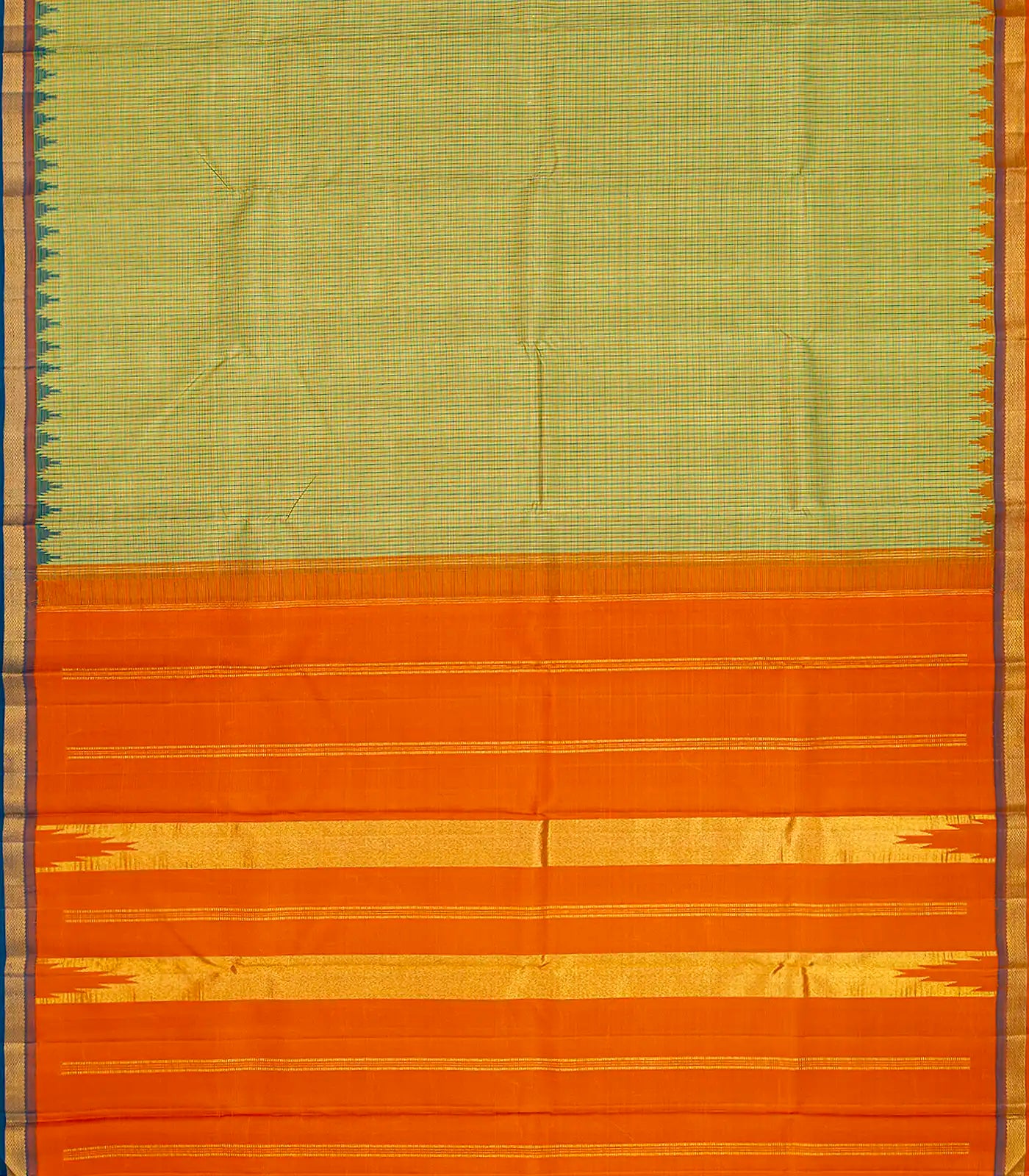 Cardamom Green Handloom Kanchipuram Korvai Silk Saree With Checks -Cardamom Green