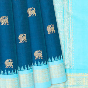 Blue Handloom Kanchipuram Korvai Silk Saree With Yazhi Buttas-Blue