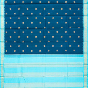 Blue Handloom Kanchipuram Korvai Silk Saree With Yazhi Buttas-Blue