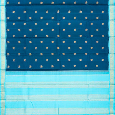 Blue Handloom Kanchipuram Korvai Silk Saree With Yazhi Buttas-Blue