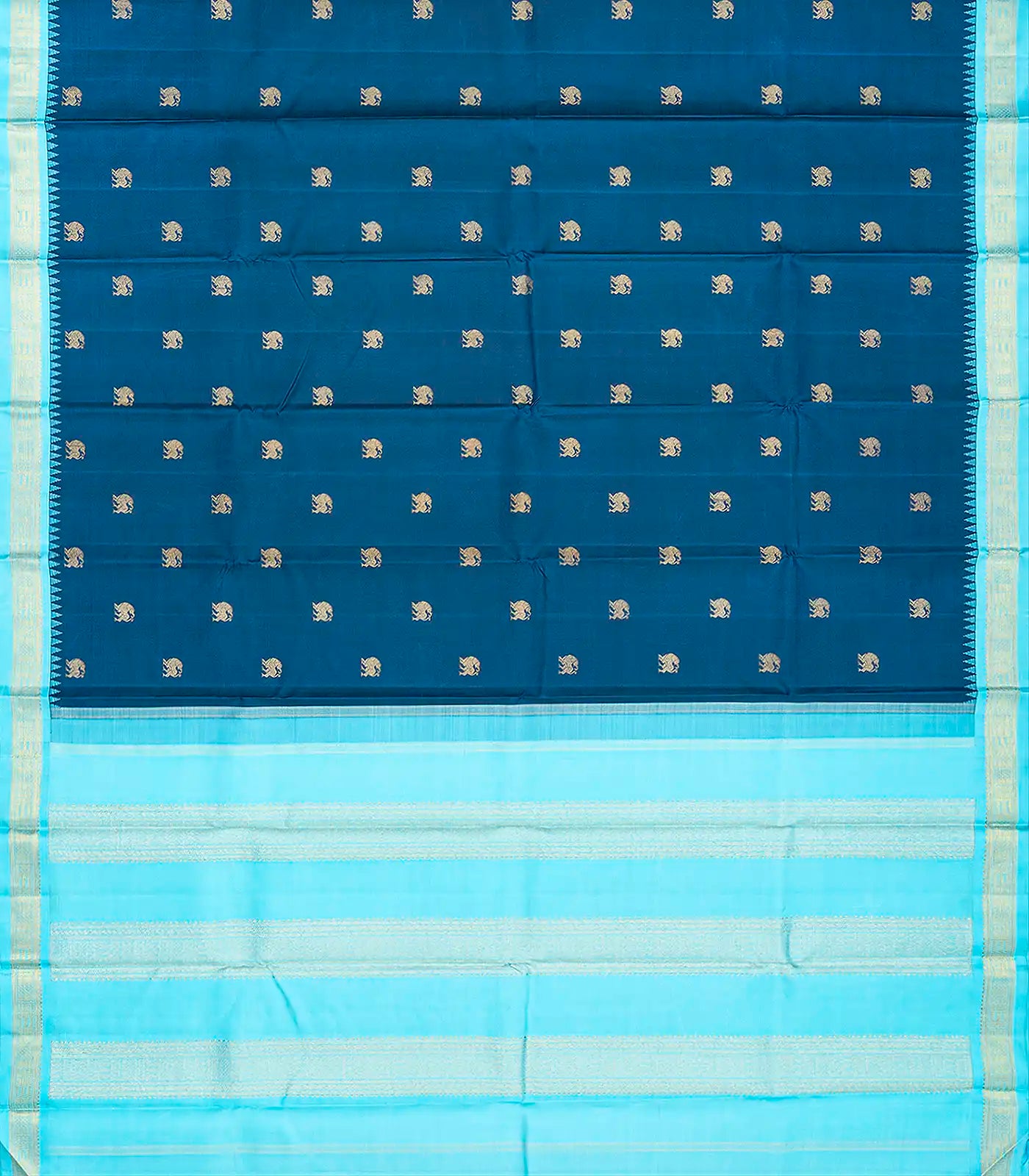 Blue Handloom Kanchipuram Korvai Silk Saree With Yazhi Buttas-Blue