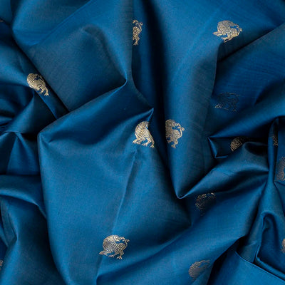 Blue Handloom Kanchipuram Korvai Silk Saree With Yazhi Buttas-Blue
