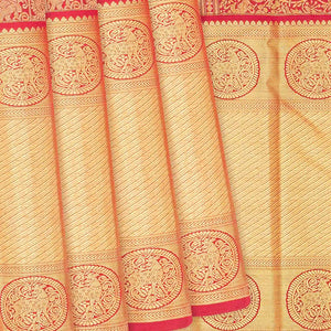 Crimson Handloom Kanchipuram Silk Saree With Horse Motifs-Crimson