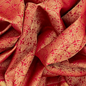 Crimson Handloom Kanchipuram Silk Saree With Horse Motifs-Crimson