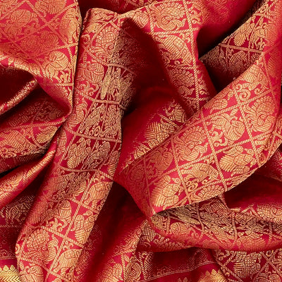 Crimson Handloom Kanchipuram Silk Saree With Horse Motifs-Crimson
