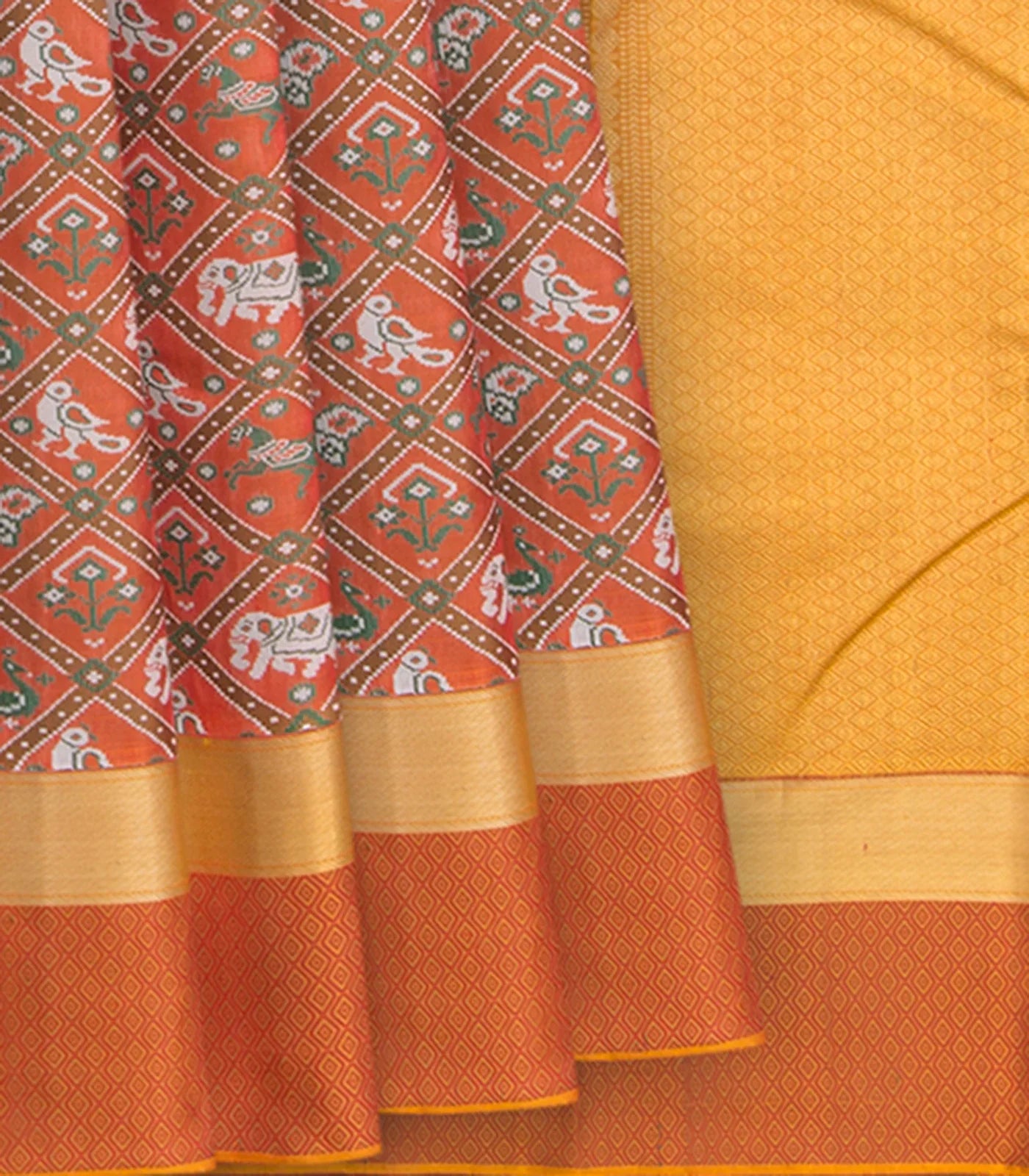 Rust Handwoven Kanchipuram "IkatVarnajaalam "Silk Saree With Elephant Parrot And Peacock Motifs