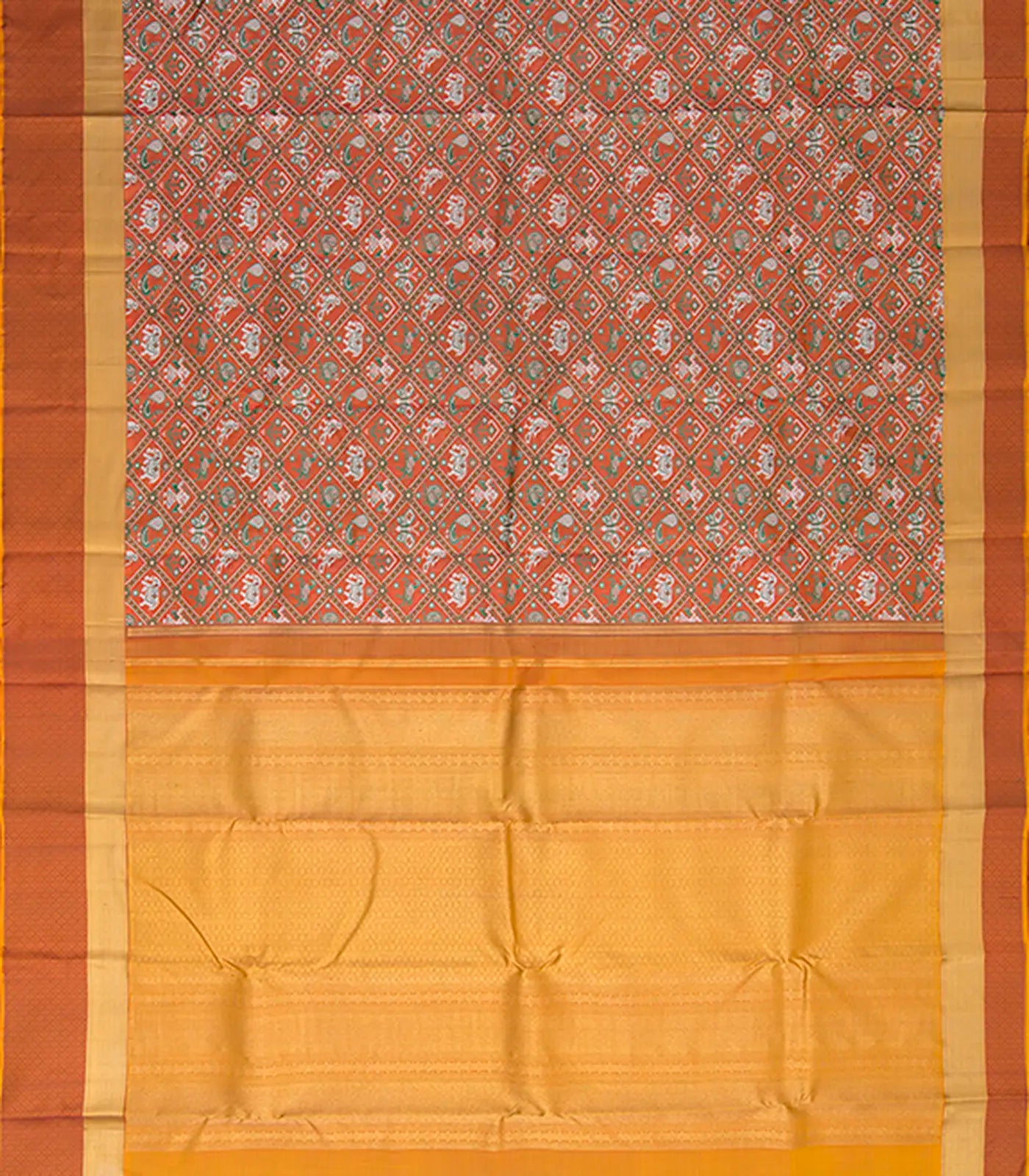 Rust Handwoven Kanchipuram "IkatVarnajaalam "Silk Saree With Elephant Parrot And Peacock Motifs