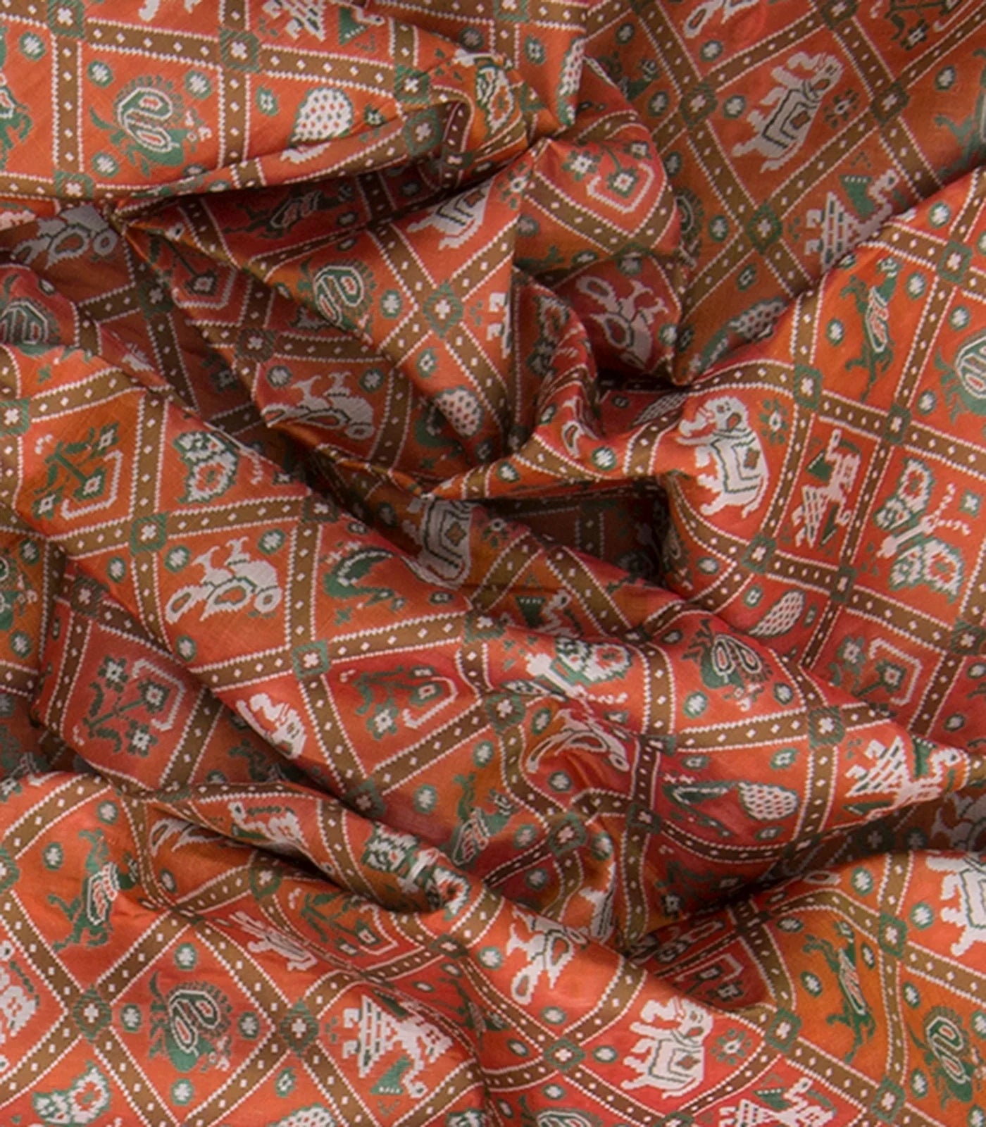 Rust Handwoven Kanchipuram "IkatVarnajaalam "Silk Saree With Elephant Parrot And Peacock Motifs