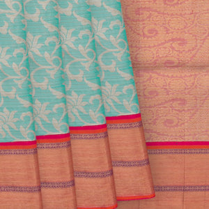 Turquoise Handwoven Kanchipuram Korvai Silk Saree With Silver Zari Floral Motifs