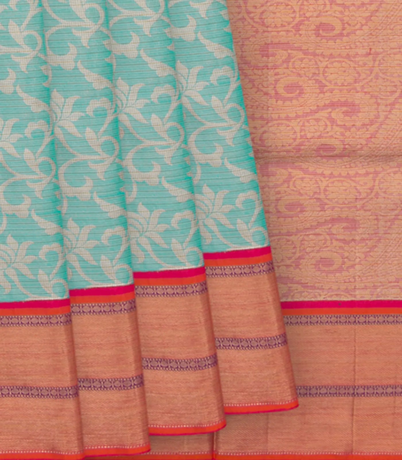 Turquoise Handwoven Kanchipuram Korvai Silk Saree With Silver Zari Floral Motifs
