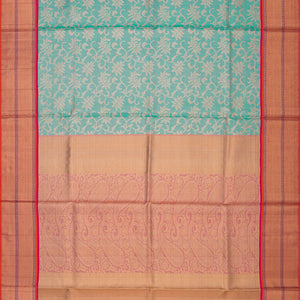 Turquoise Handwoven Kanchipuram Korvai Silk Saree With Silver Zari Floral Motifs