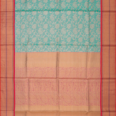 Turquoise Handwoven Kanchipuram Korvai Silk Saree With Silver Zari Floral Motifs