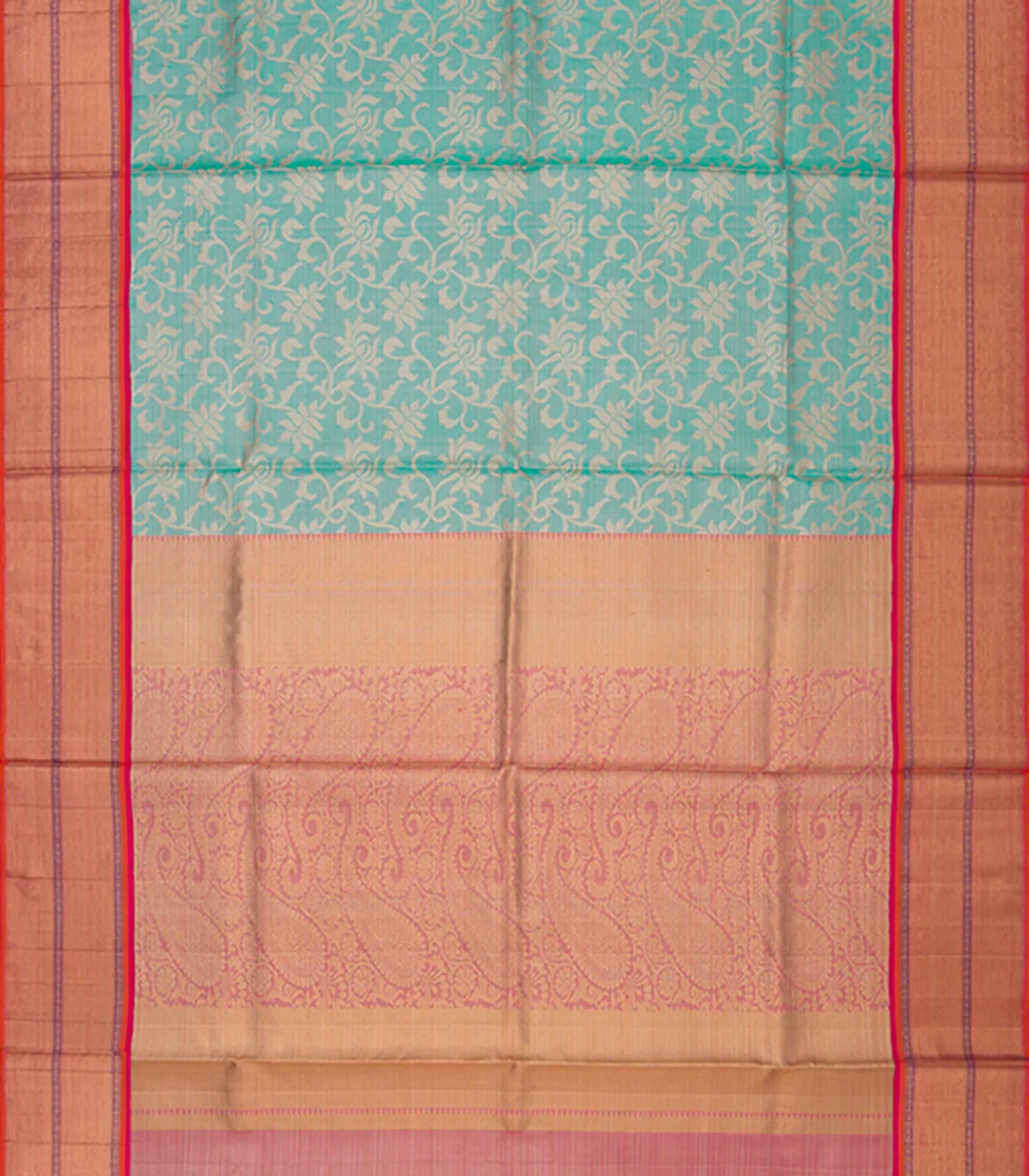Turquoise Handwoven Kanchipuram Korvai Silk Saree With Silver Zari Floral Motifs