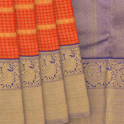 Orange Handwoven Kanchipuram Korvai Silk Saree With Zari Checks-Orange