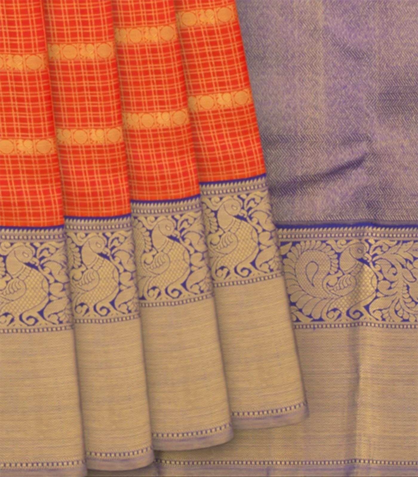 Orange Handwoven Kanchipuram Korvai Silk Saree With Zari Checks-Orange