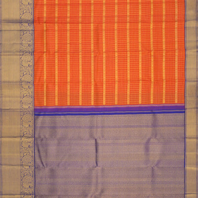 Orange Handwoven Kanchipuram Korvai Silk Saree With Zari Checks-Orange