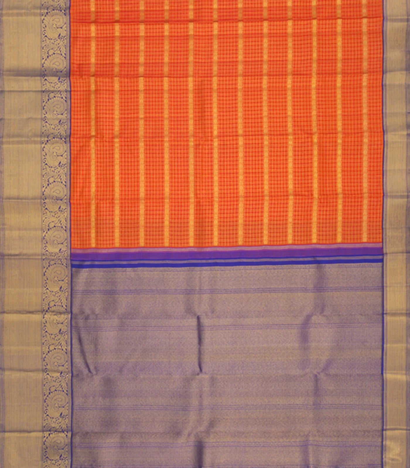 Orange Handwoven Kanchipuram Korvai Silk Saree With Zari Checks-Orange