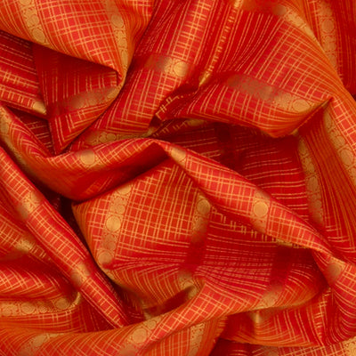 Orange Handwoven Kanchipuram Korvai Silk Saree With Zari Checks-Orange