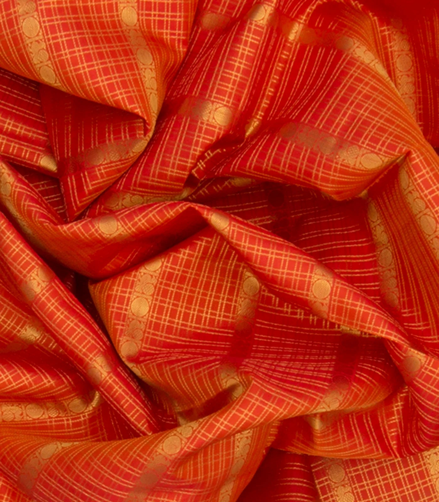 Orange Handwoven Kanchipuram Korvai Silk Saree With Zari Checks-Orange