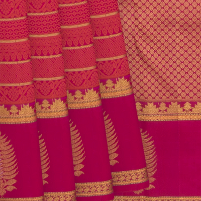 Pink Handwoven Kanchipuram Silk Saree With Small Motifs In Striped Pattern and Beldari Zari Stripes-Pink