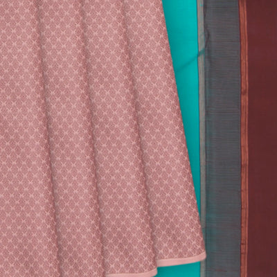 Dusty Pink Handwoven Kanchipuram Silk Saree With Paisley &Flower Motifs in Contrast Turquoise & Brown Pallu-Dusty Pink