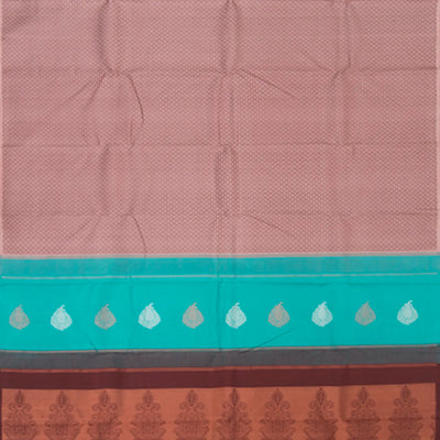 Dusty Pink Handwoven Kanchipuram Silk Saree With Paisley &Flower Motifs in Contrast Turquoise & Brown Pallu-Dusty Pink
