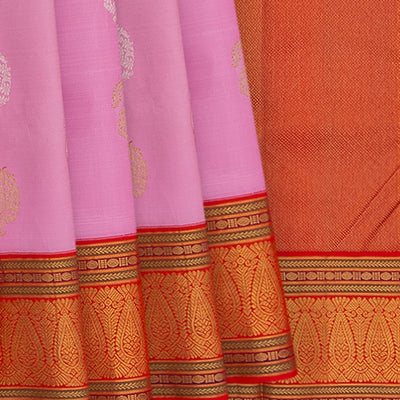 Pink Handwoven Kanchipuram Korvai Silk Saree With Floral Motifs in Gold And Silver Zari -Pink