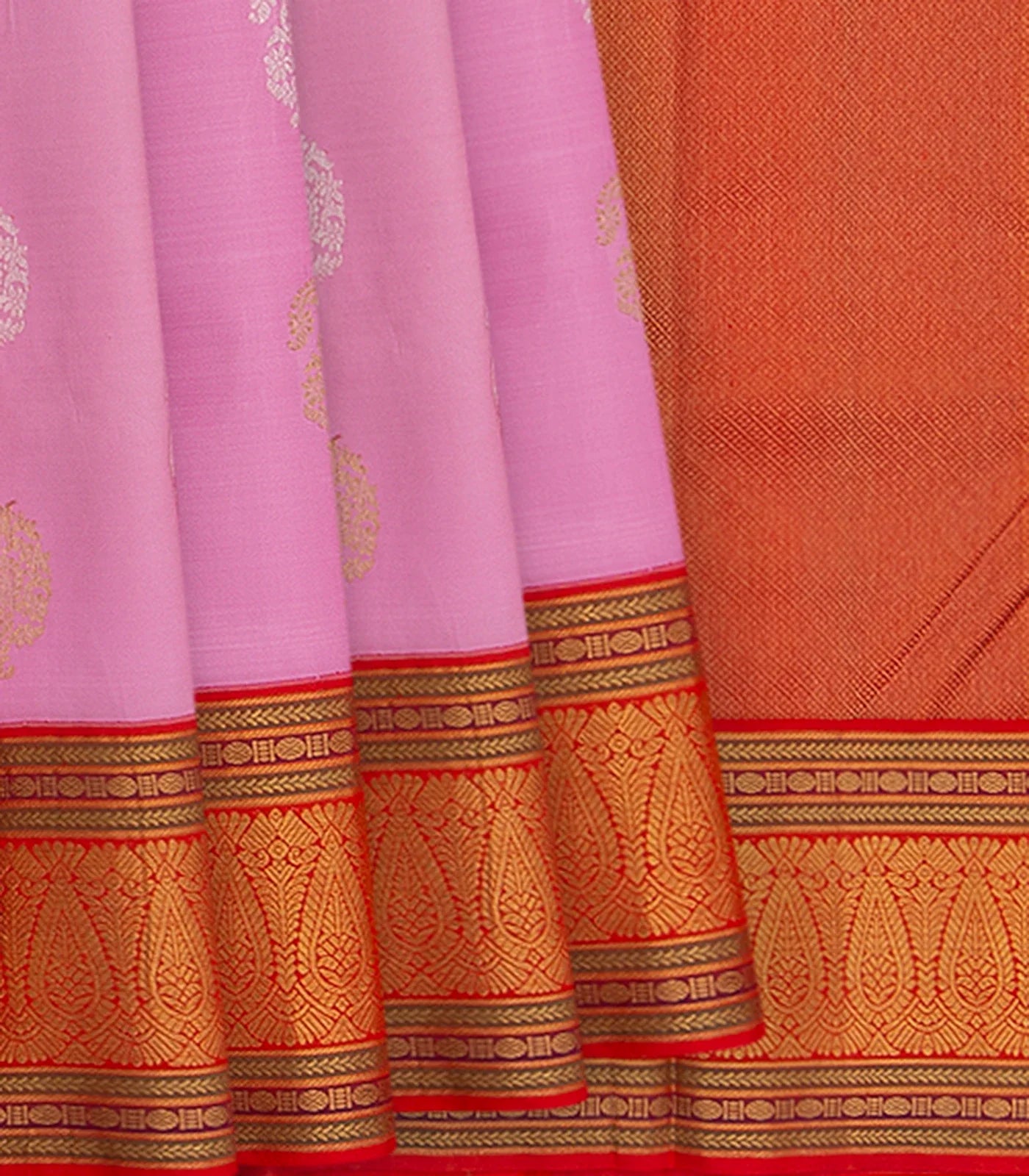 Pink Handwoven Kanchipuram Korvai Silk Saree With Floral Motifs in Gold And Silver Zari -Pink