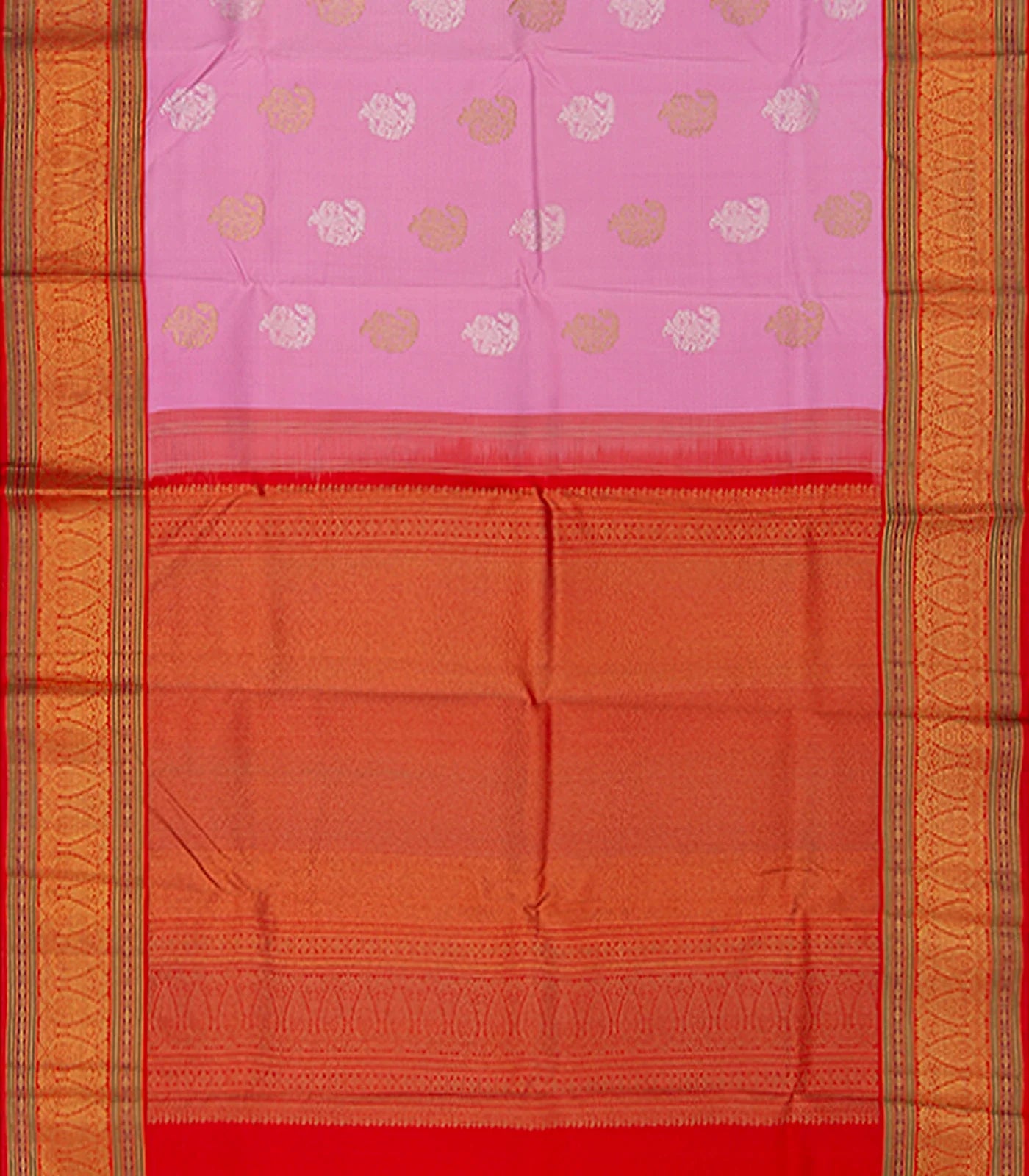 Pink Handwoven Kanchipuram Korvai Silk Saree With Floral Motifs in Gold And Silver Zari -Pink