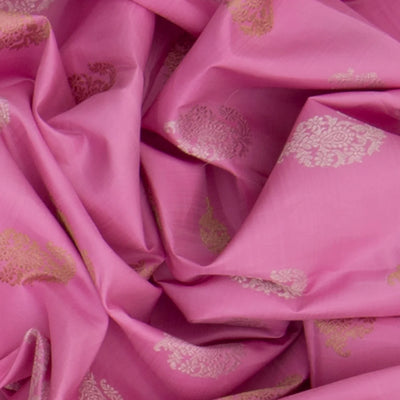 Pink Handwoven Kanchipuram Korvai Silk Saree With Floral Motifs in Gold And Silver Zari -Pink