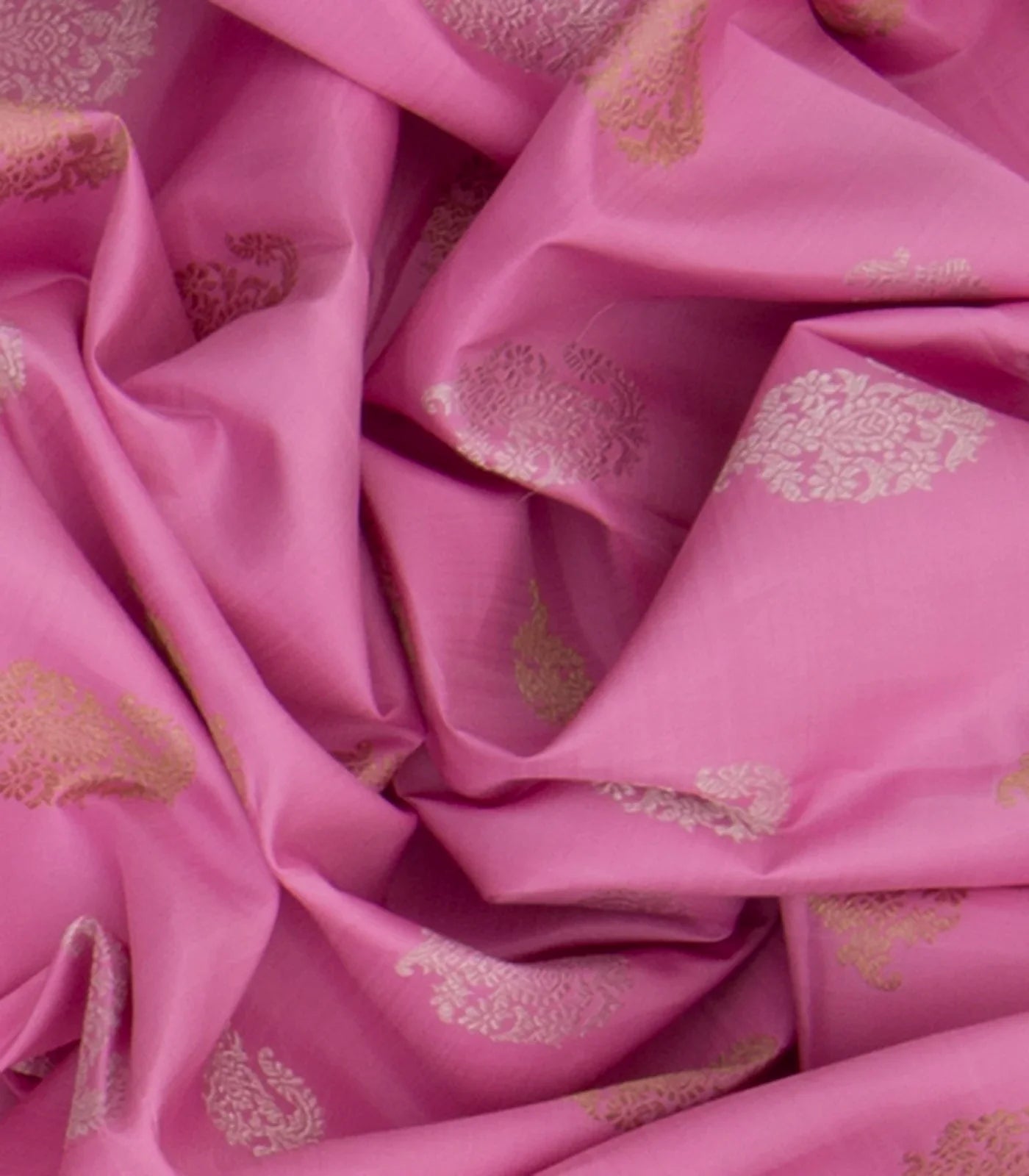 Pink Handwoven Kanchipuram Korvai Silk Saree With Floral Motifs in Gold And Silver Zari -Pink