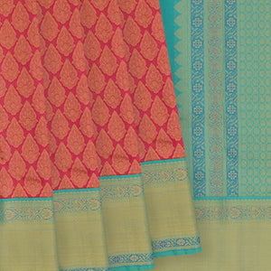 Red Handwoven Kanchipuram Korvai Silk Saree With Floral Motifs-Red