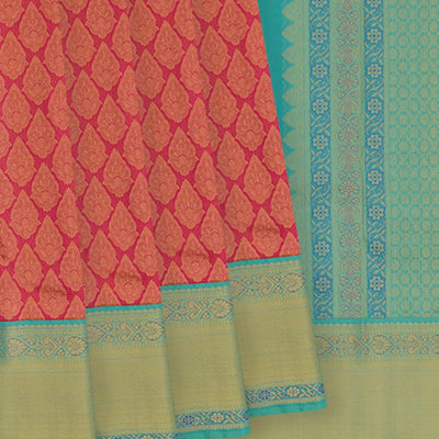 Red Handwoven Kanchipuram Korvai Silk Saree With Floral Motifs-Red