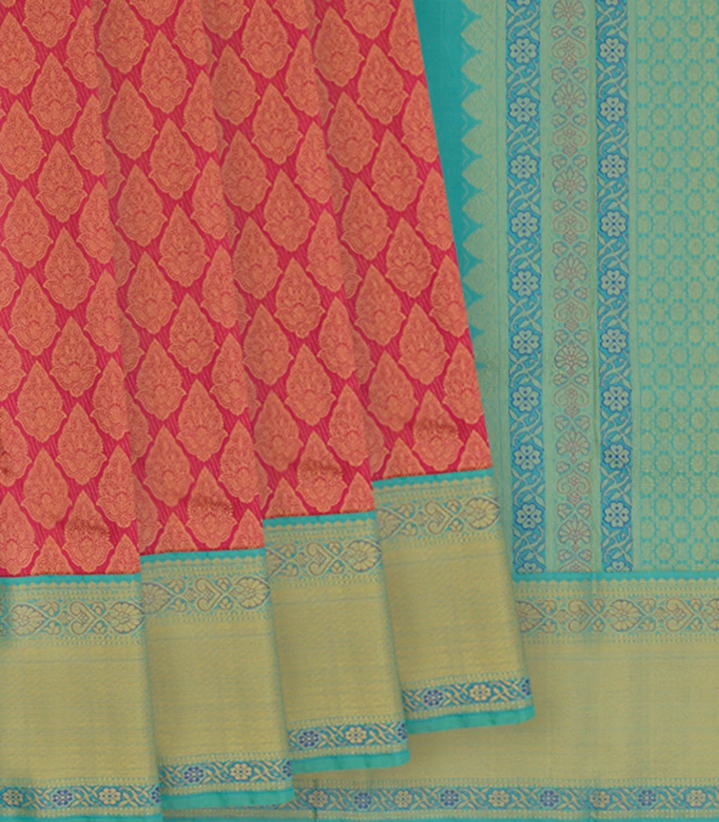 Red Handwoven Kanchipuram Korvai Silk Saree With Floral Motifs-Red