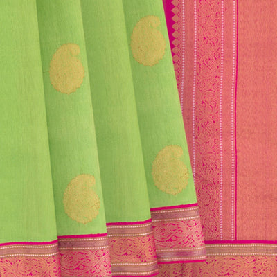 Green Handwoven Kanchipuram Linen Silk Saree With Mango Motifs -Green