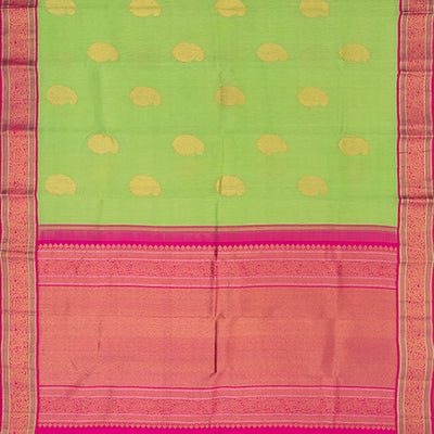 Green Handwoven Kanchipuram Linen Silk Saree With Mango Motifs -Green