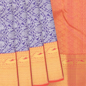 Violet Handwoven Kanchipuram Korvai Silk Saree With Vine Motifs in Silver Zari -Violet