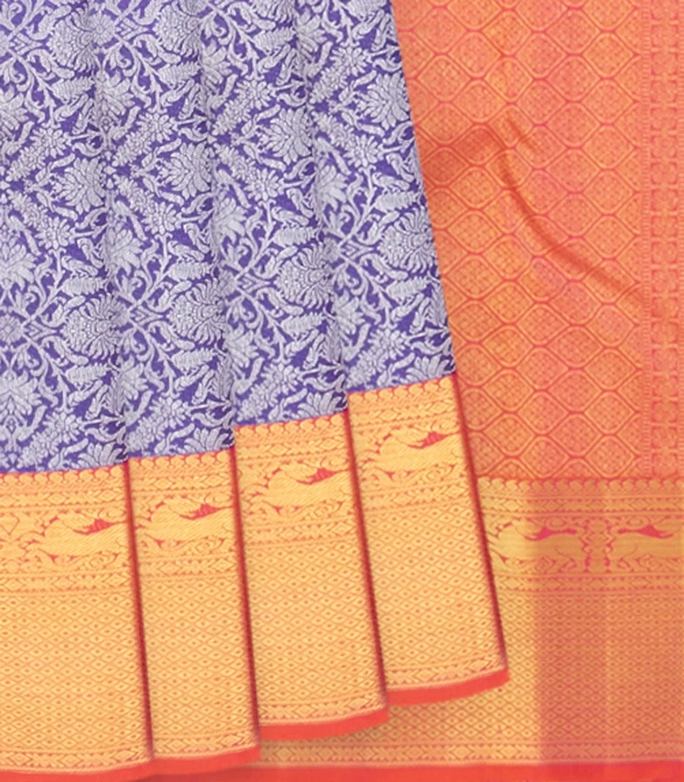 Violet Handwoven Kanchipuram Korvai Silk Saree With Vine Motifs in Silver Zari -Violet
